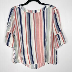 Susina Large Petite Red Blue Linen Blend Striped Flutter Sleeve Blouse Tie Back